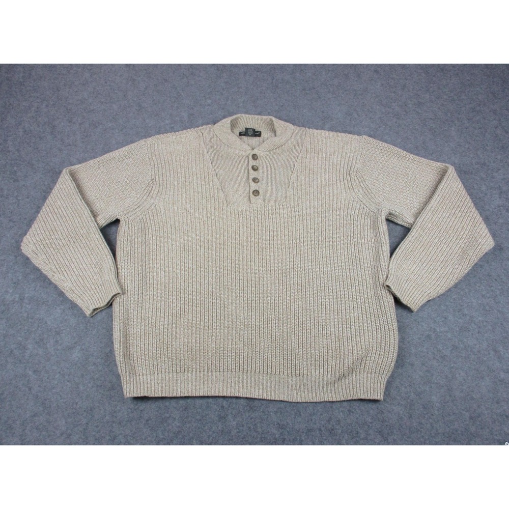 VINTAGE Eddie Bauer Sweater Mens XL Beige Henley Heavyweight Ribbed Pullover